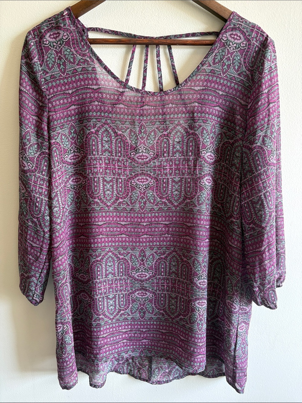 Maurices Boho Print Peasant Blouse Large Strappy Back 3/4 Sleeve Top
